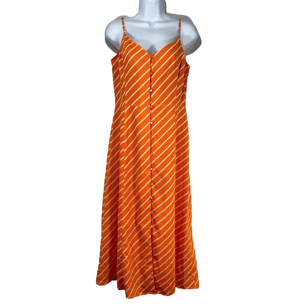 NEW WAREHOUSE ORANGE STRIPE BUTTON THROUGH FRONT MIDI DRESS CASUAL SUMMER Size10